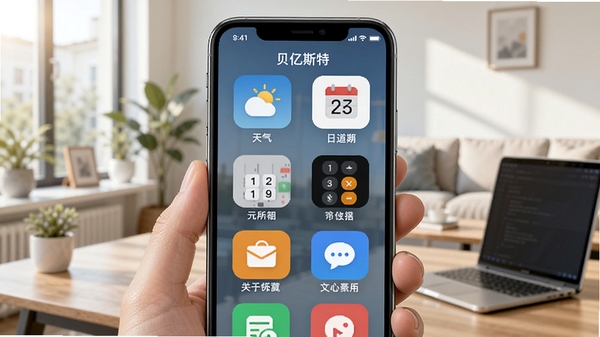 贝亿斯特功能聚合界面截图风格图片，画面展示手机屏幕上排列着天气、日历、计算器等多种功能图标，背景为明亮的生活工作场景，突出一站式聚合的便利性。
