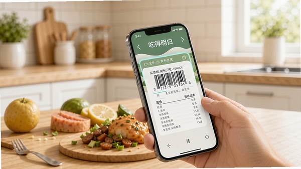 吃得明白食物识别功能示意图，手机扫描食品条形码，屏幕上显示营养成分表，背景为厨房场景，光线明亮，画面主体为手机与食物互动
