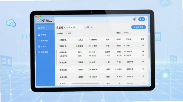 小鸟云应用主界面预览图，画面中央显示云主机列表与状态指示灯，背景为淡蓝色科技感网格，整体风格简洁明亮，突出云端管理软件的现代感