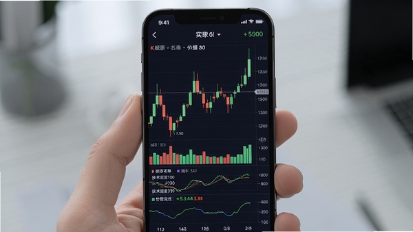 手机屏幕展示K线掘金应用界面，深色背景，中央是红绿色K线图，下方有技术指标面板，上方显示股票名称和实时价格，整体风格专业简洁，高清渲染