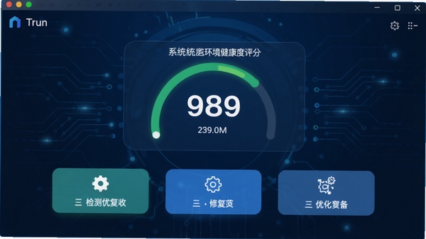 nTrun软件主界面预览图，展示简洁直观的仪表盘风格，深蓝色科技感背景，中央显示系统环境健康度评分，下方分布检测、修复、优化三大功能按钮，整体界面干净明亮，符合现代桌面软件设计风格