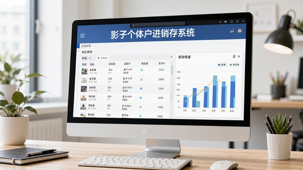 一款名为影子个体户进销存系统的商业管理软件在电脑屏幕上运行,界面清晰展示商品列表和库存图表,背景是整洁的办公桌,整体风格明亮写实,软件名称醒目显示在屏幕顶部