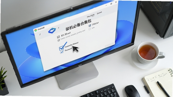 一张电脑桌面的俯视图，显示器上展示着“装机必备合集包”的自定义安装界面，鼠标指针悬停在勾选框中，旁边有一杯茶和笔记本，画面明亮，传递出一种掌控感和清爽的安装体验