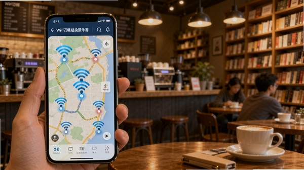 WiFi万顺钥匙热点资源示意图,画面展示手机屏幕中地图上分布着多个WiFi信号点,背景为咖啡馆和书店内景,暖色调,体现海量热点的覆盖范围,构图突出数据丰富性