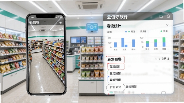 云值守软件主界面预览图,画面左侧展示手机端实时监控画面,右侧显示客流统计与异常预警列表,背景为现代风格的便利店内部环境,色调明亮清晰,整体构图突出科技感与实用性,适配APP截图风格