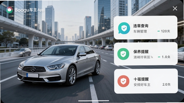 好安好车主App主界面预览图，展示车辆管理、违章查询、保养提醒等核心功能卡片，背景为现代城市道路与一辆银色轿车，整体风格简洁明亮，UI设计清晰易用，适配Boogu模型生成