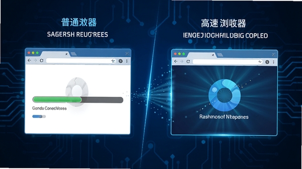 高速浏览器加载网页的速度对比示意图,左侧显示普通浏览器加载进度条缓慢,右侧显示高速浏览器加载完成,背景为蓝色科技感线条,画面中央是浏览器窗口对比,风格现代简洁,突出速度感