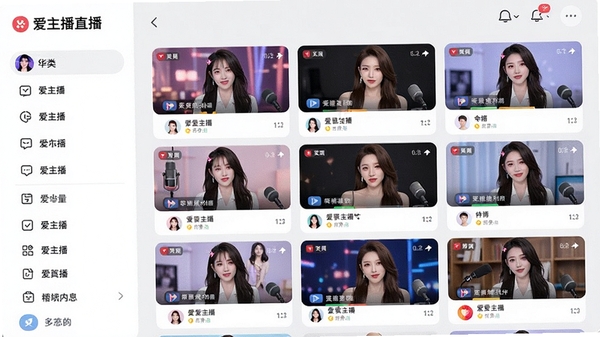 爱主播聚合多平台直播内容界面，左侧分类列表，右侧直播卡片墙，背景为浅灰色，界面干净明亮