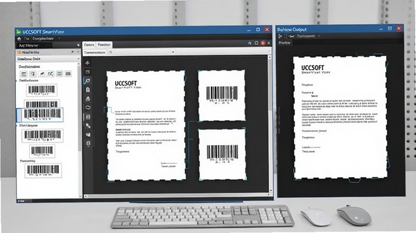 UCCSOFT SmartVizor 处理中心主界面预览图，展示其文档模板编辑区、左侧数据库字段映射面板以及右侧预览输出窗口，整体界面风格专业且布局清晰，背景为浅灰色工作台环境，配有示例的条形码与信函模板元素