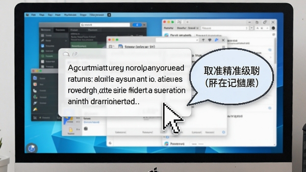 屏幕上鼠标指针指向一段英文段落，旁边弹出气泡显示中文翻译，背景为各类应用程序窗口，突出取词功能的精准与便捷，画面清晰明亮