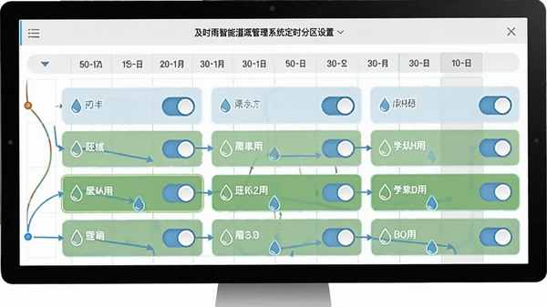 生成一张及时雨智能灌溉管理系统的定时分区设置界面截图,画面显示一周时间表与多个区域名称,每个区域配有水滴图标和开关按钮,背景为电脑或手机界面风格,简洁清晰。