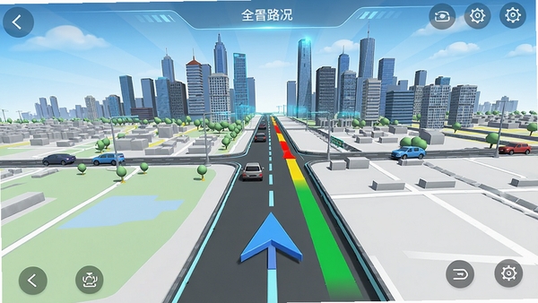 全景路况导航主界面，显示城市道路全景3D地图，蓝色箭头指示行驶方向，前方道路颜色标注红黄绿实时路况，背景是高楼林立的城市天际线，画面清晰明亮，科技感十足，界面简洁易用