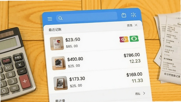 经营吧智能记账界面截图,展示最近几笔交易记录,每条记录包含商品缩略图、金额和支付方式图标,背景为暖黄色木纹桌面,旁边放有计算器和收据,画面明亮清晰
