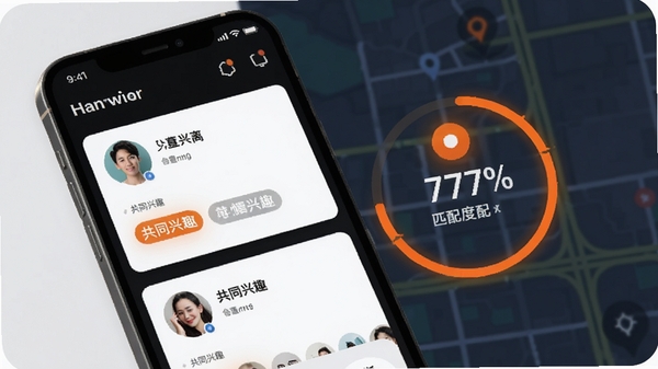 天天约智能匹配功能示意图，手机屏幕显示附近用户卡片，包含头像、距离、共同兴趣标签，背景为地图定位界面，橙色高亮显示匹配度百分比，风格清新现代