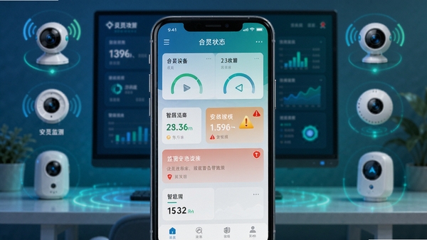 合觅设备状态监测与告警功能展示,画面中央是手机APP界面,显示多个设备的状态卡片和告警消息,背景是智能家居控制中心场景,有摄像头、传感器等设备图标,色调以蓝绿为主,突出安全感和科技感