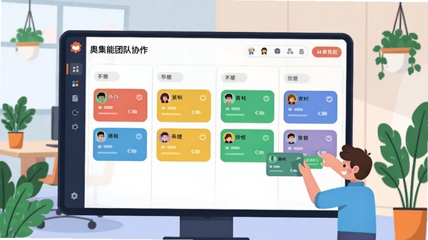 奥集能团队协作看板界面示意图,屏幕上是分列的任务看板,不同颜色的卡片代表不同优先级,有卡通头像的用户正在拖拽任务卡片,背景是轻松的现代办公区一角,绿植点缀,风格扁平化且色彩鲜明