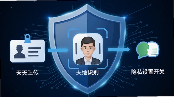天天约安全认证流程示意图，包含身份证上传、人脸识别、隐私设置开关等图标，背景为盾牌形状，蓝色科技感线条，强调安全可靠