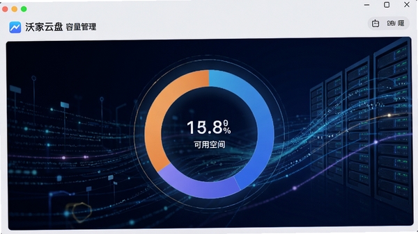 沃家云盘容量管理页面截图，显示环形图表展示已用与可用空间，背景为数据流动的抽象线条，突出大容量与安全存储特性，界面现代感强