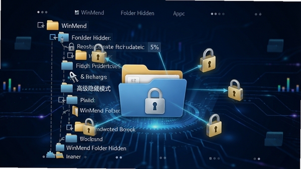 WinMend Folder Hidden 高级隐藏模式示意图，一个文件夹图标隐藏到复杂的系统目录树中，周围有锁形图标保护，背景为深蓝色科技感风格