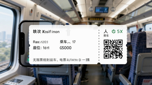铁路火车票高铁出行电子客票界面预览图,手机屏幕上展示一张虚拟车票,包含车次、座位、乘车人姓名、二维码,背景是高铁车厢内部,光线明亮,强调无纸化乘车的便利性。