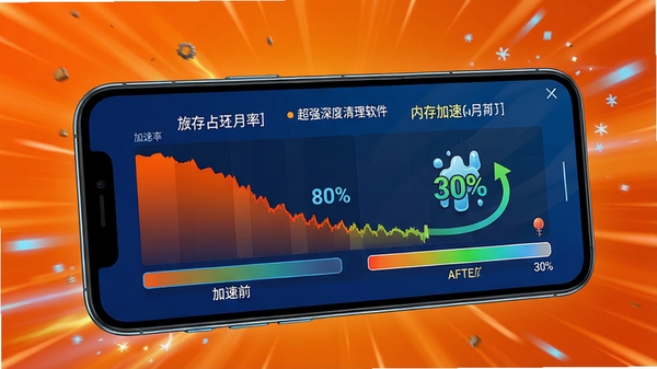 超强深度清理软件的内存加速功能界面，手机屏幕显示内存占用率从80%下降到30%的对比图，背景为活力橙色系，体现加速前后的明显效果，画面动感十足