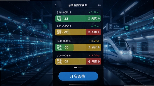 铁路火车票高铁出行软件内余票监控功能的截图风格图片,画面显示多个车次的实时余票状态,用绿色、黄色、红色分别代表票量充足、紧张、无票,下方有开启监控的按钮,背景为抽象网络数据流,科技感强。