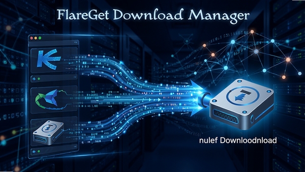 FlareGet Download Manager 多线程下载示意图，画面展示多个数据流同时传输至本地磁盘，背景为高速网络数据流动的抽象效果，强调其加速下载的核心功能