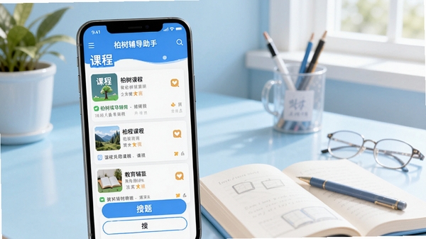 柏树辅导助手主界面预览图，画面主体为手机屏幕展示软件首页，包含课程列表与搜题入口，背景为淡蓝色的学习书桌场景，整体风格明亮清新，突出软件的教育辅导属性，适配Boogu模型生成