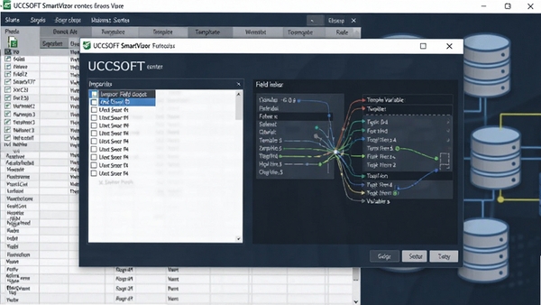 UCCSOFT SmartVizor 处理中心数据源配置界面，画面显示一个向导对话框，正在从Excel文件中导入字段列表，右侧是字段映射到模板变量的连线示意图，背景为数据表格与数据库图标