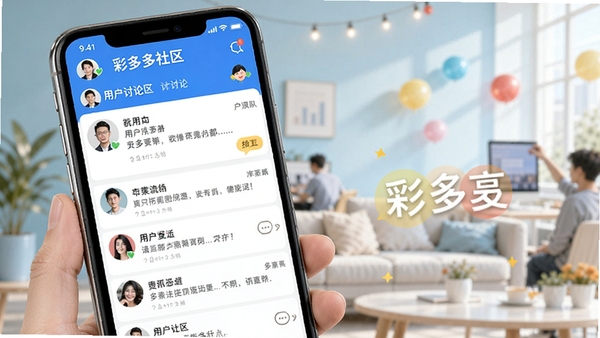 彩多多社区互动界面，展示用户讨论区与分享内容，手机界面风格，背景明亮，有用户头像和帖子列表，整体氛围活跃，体现社交互动属性