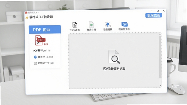 嗨格式PDF转换器软件主界面全览,展示清晰的PDF转Word功能选项与文件拖拽区域,背景为干净的浅灰色办公桌面,整体画面明亮简洁,突出软件专业性与易用性