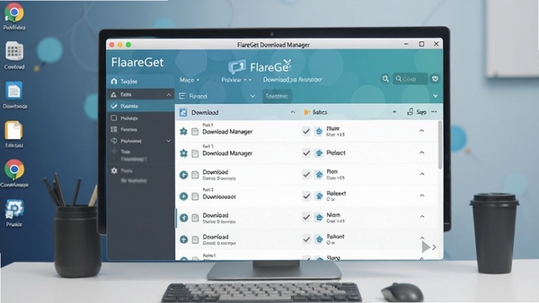 FlareGet Download Manager 主界面预览图，展示其清晰的布局和下载任务列表，背景为现代化的桌面环境，整体风格简洁明亮，突出软件的核心下载功能区域
