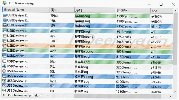 USBDeview设备信息详细列表截图，展示设备名称、类型、序列号等多列数据，表格清晰，高亮显示关键字段，画面主体为数据列表，背景为白色，突出软件名称USBDeview