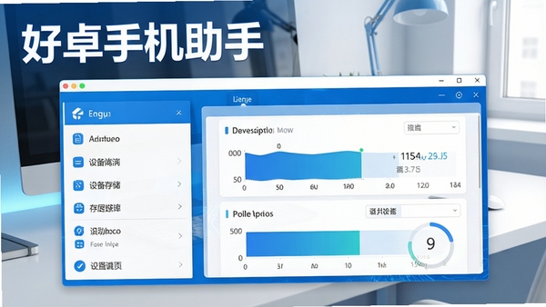 好卓手机助手主界面全览,左侧功能列表清晰,右侧显示设备存储空间概况,背景为干净明亮的现代办公桌,整体界面采用蓝色科技色调,软件名称以醒目标题呈现,画面风格写实清晰