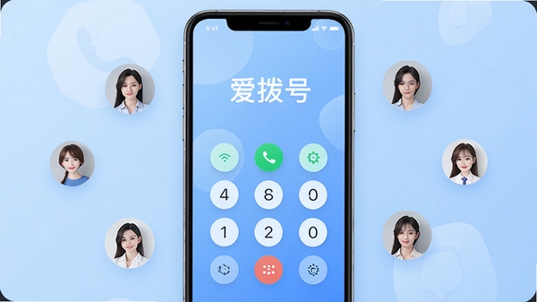 爱拨号应用主界面展示，现代简约风格，手机屏幕中央显示智能拨号盘，背景为淡蓝色渐变，周边有联系人头像悬浮，画面明亮清晰，突出软件名称爱拨号，UI设计精致，适合应用商店预览图