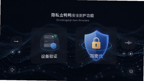 手机投屏鸭安全防护功能界面，展示设备验证和加密锁图标，背景为深色科技感波纹，强调隐私安全，风格现代简约，突出安全盾牌元素。