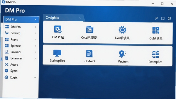 DM Pro主界面全览,左侧分类栏,右侧功能面板,现代化扁平设计风格,背景为简洁的深蓝色渐变,主色调为蓝色与白色,界面元素清晰明亮,软件名称DM Pro标注于左上角,画面整体专业且友好,适合软件展示场景