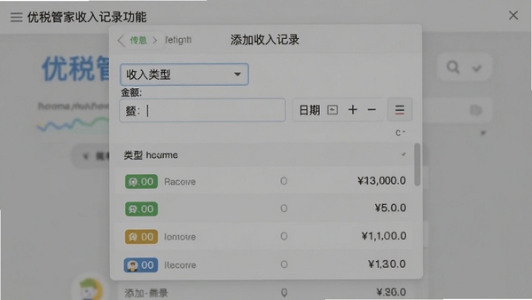 优税管家收入记录功能截图，画面展示添加收入记录的弹窗，包含收入类型下拉菜单、金额输入框、日期选择器，下方列表显示已添加的多条收入记录，每条记录带有类型标签和金额，背景为浅灰色调，突出表单和数据展示，风格简洁直观。