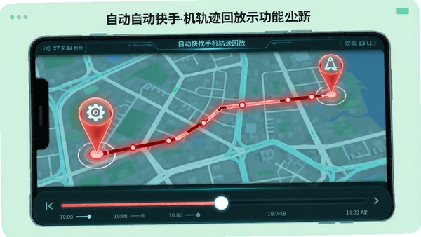 自动快找手机轨迹回放功能示意图，地图上显示一条红色移动路线，起点和终点有标记，界面下方有时间轴滑块，背景为淡绿色，整体风格科技感十足