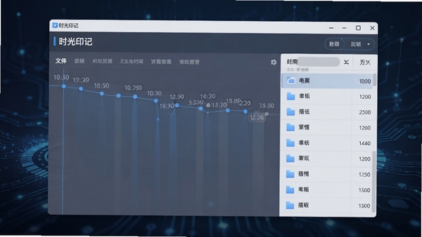 时光印记软件主界面预览图,展示其清晰的文件时间线整理功能,背景为深色科技感渐变,前景为软件窗口截图,突出时间轴与文件列表,整体风格简洁现代,色彩以蓝灰为主,高分辨率渲染