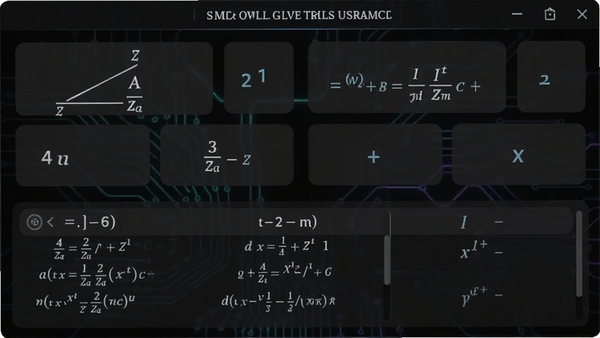 智能免费计算机宝科学计算模式界面，显示三角函数与对数函数按键，下方区域展示可滑动的公式列表，背景为深色护眼主题，数字与符号显示清晰，风格专业且富有科技感