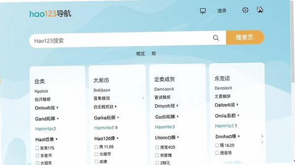 hao123导航首页整体界面预览图，展示简洁的搜索框、分类清晰的网址导航区块和清新的背景配色，整体风格干净明亮，突出实用性与便捷性