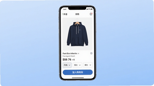 环球购商品详情页展示,画面中央是一台手机,屏幕显示商品详情,包含商品大图、价格、尺码选择和加入购物车按钮,背景为柔和的渐变蓝色,风格简洁现代,突出购物APP的专业感和清晰的信息布局。