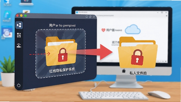红线隐私保护系统功能示意图，展示用户将私人文件夹拖拽至软件加密区域的动态过程，背景为电脑桌面，文件夹图标带有锁形标记，色彩鲜明突出