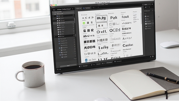 Adobe Creative Cloud字体库界面，展示多种字体预览列表，背景为干净的白色工作台，旁边摆放咖啡杯与笔记本，整体风格简约明亮，突出字体样式与排版细节