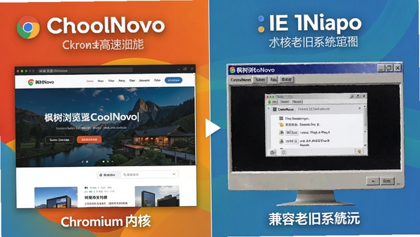 枫树浏览器CoolNovo双核切换功能演示图，左侧展示Chromium内核高速加载现代网页，右侧展示IE内核兼容老旧系统，画面采用分屏对比设计，色彩鲜明