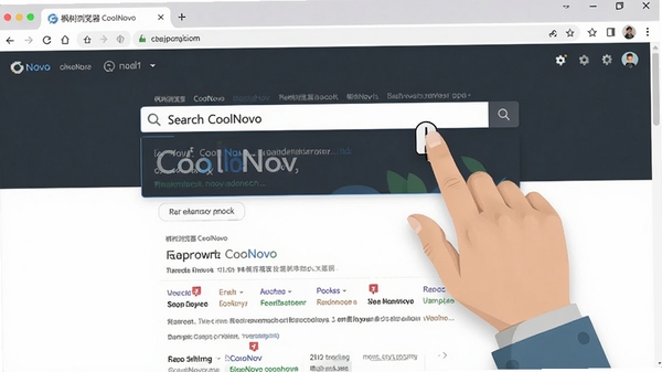枫树浏览器CoolNovo超级拖拽功能操作示意图，画面展示用户用鼠标拖拽选中文字到搜索框，浏览器自动打开搜索结果页面，背景为网页浏览场景，风格简洁直观