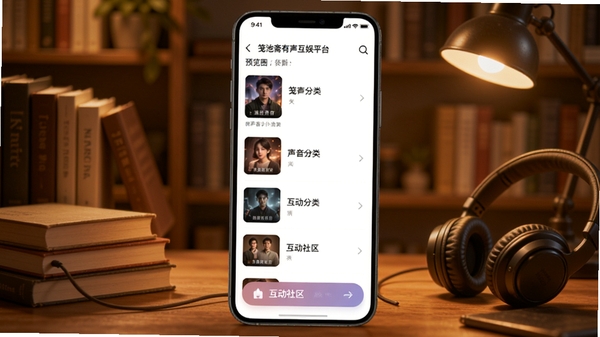 笺池斋有声互娱平台主界面预览图,手机屏幕展示有声书分类列表与互动社区入口,背景为暖色调书房场景,书籍与耳机元素点缀,整体画面温馨且有科技感,竖版构图,适配手机壁纸比例