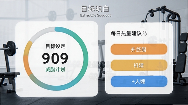 吃得明白目标设置界面，显示减脂计划和每日热量建议，背景为健身器材剪影，画面主体为进度环和目标设定选项
