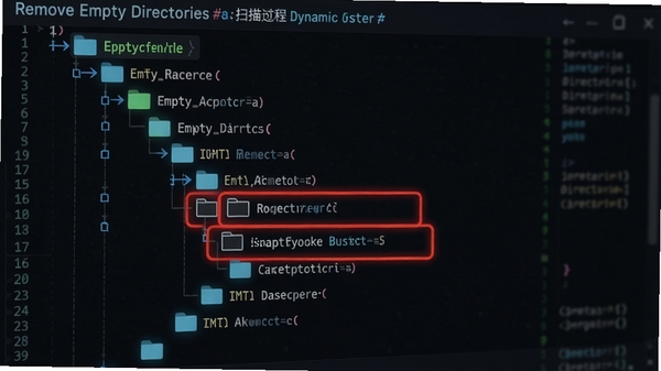Remove Empty Directories 扫描过程动态示意图，文件夹树状结构被高亮标记，空文件夹以红色边框突出显示，背景为深色代码风格，突显技术感